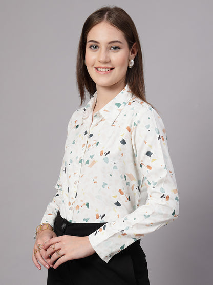 Style Quotient Women Off White Multi Printed Regular Fit Semi Formal Polyester Shirt