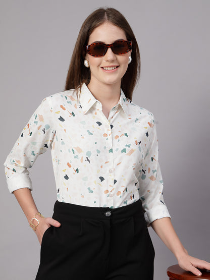 Style Quotient Women Off White Multi Printed Regular Fit Semi Formal Polyester Shirt