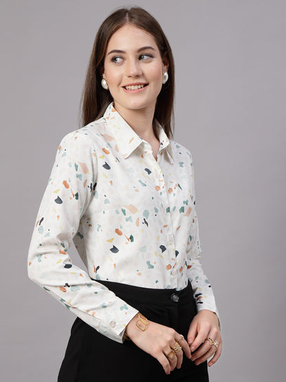 Style Quotient Women Off White Multi Printed Regular Fit Semi Formal Polyester Shirt