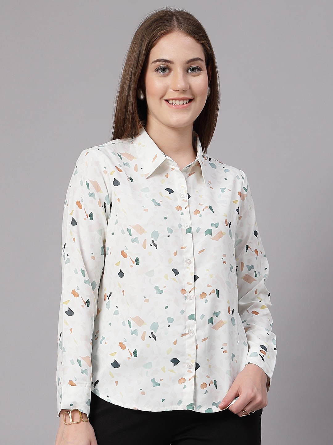 Style Quotient Women Off White Multi Printed Regular Fit Semi Formal Polyester Shirt