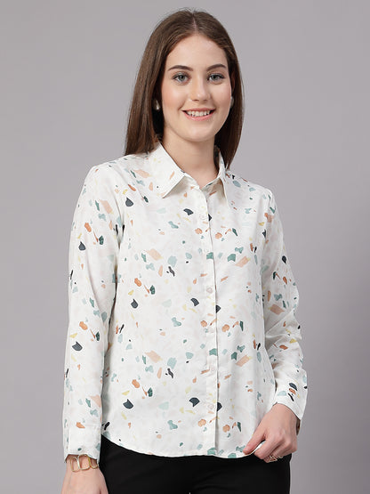 Style Quotient Women Off White Multi Printed Regular Fit Semi Formal Polyester Shirt