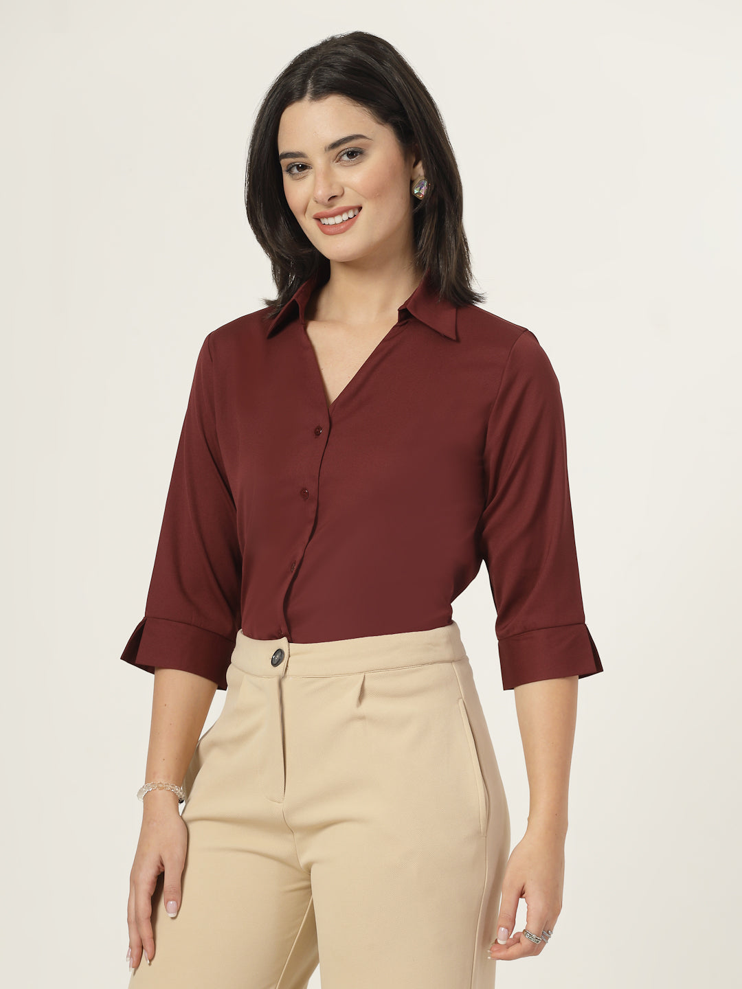 Style Quotient Women Solid Maroon Polymoss Formal Shirt