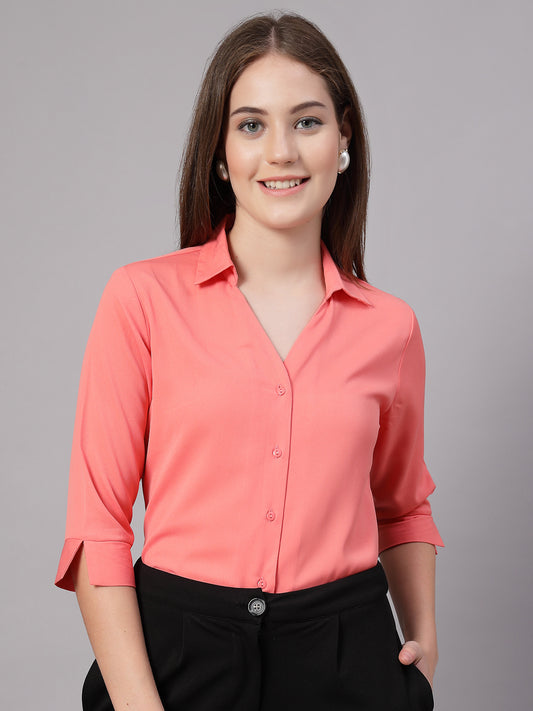 StyleQuotient Women Solid Peach Polymoss Formal Shirt