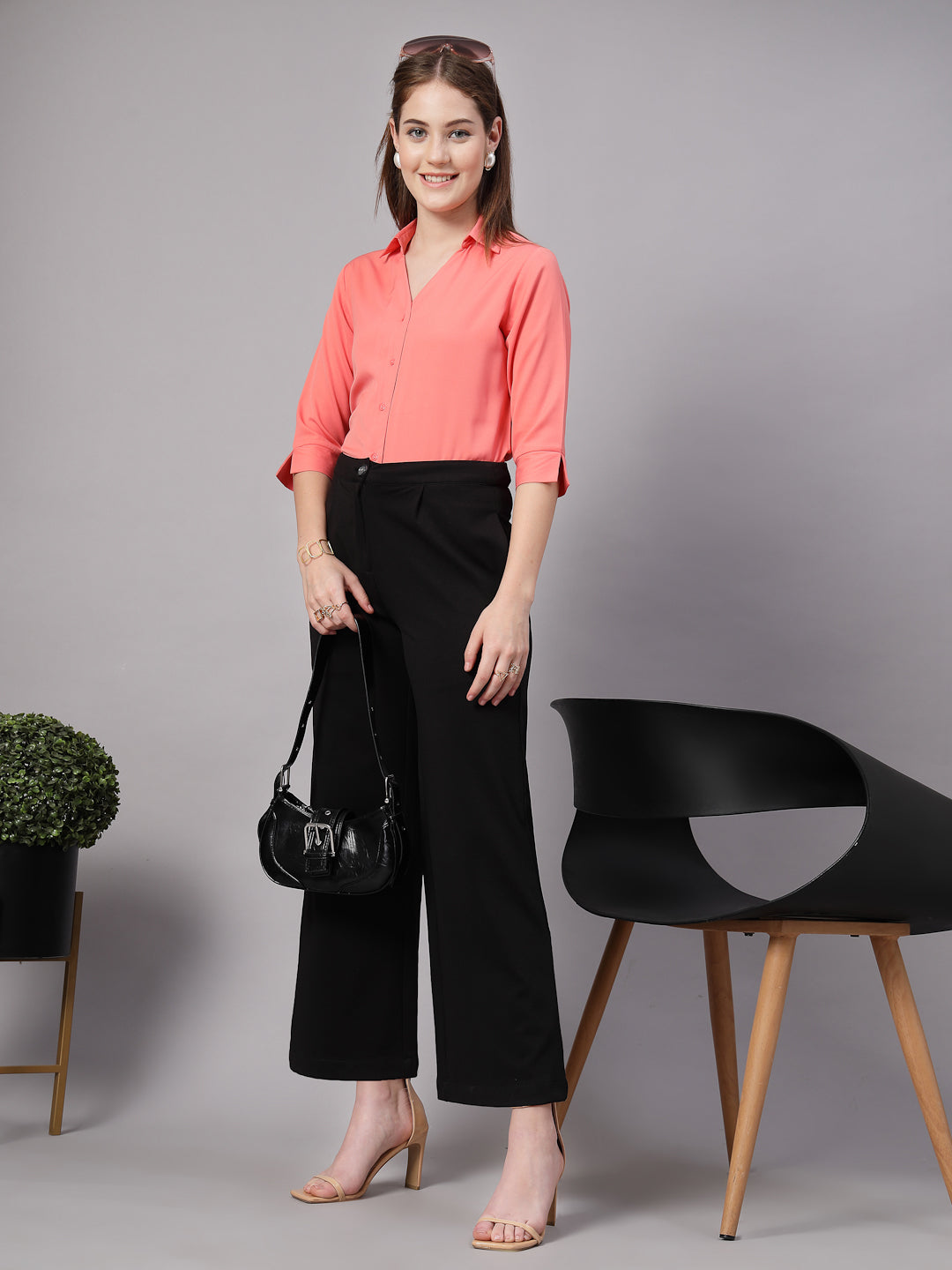 StyleQuotient Women Solid Peach Polymoss Formal Shirt