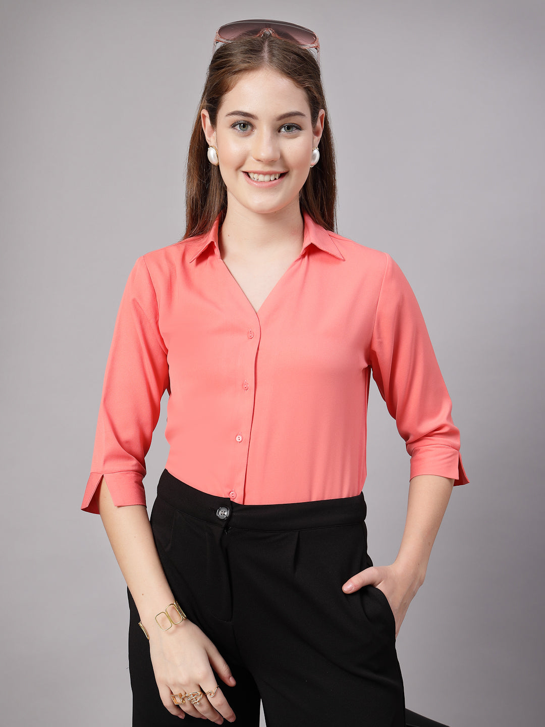 StyleQuotient Women Solid Peach Polymoss Formal Shirt