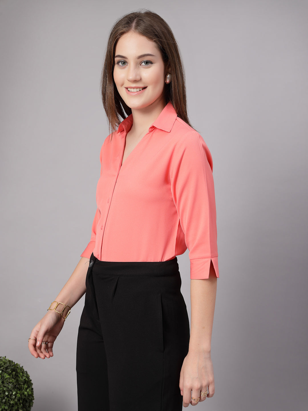 StyleQuotient Women Solid Peach Polymoss Formal Shirt