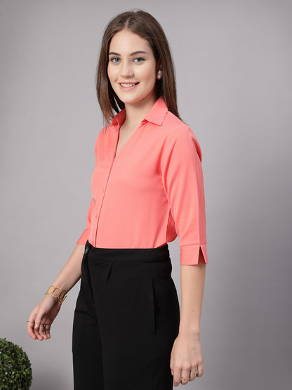 StyleQuotient Women Solid Peach Polymoss Formal Shirt