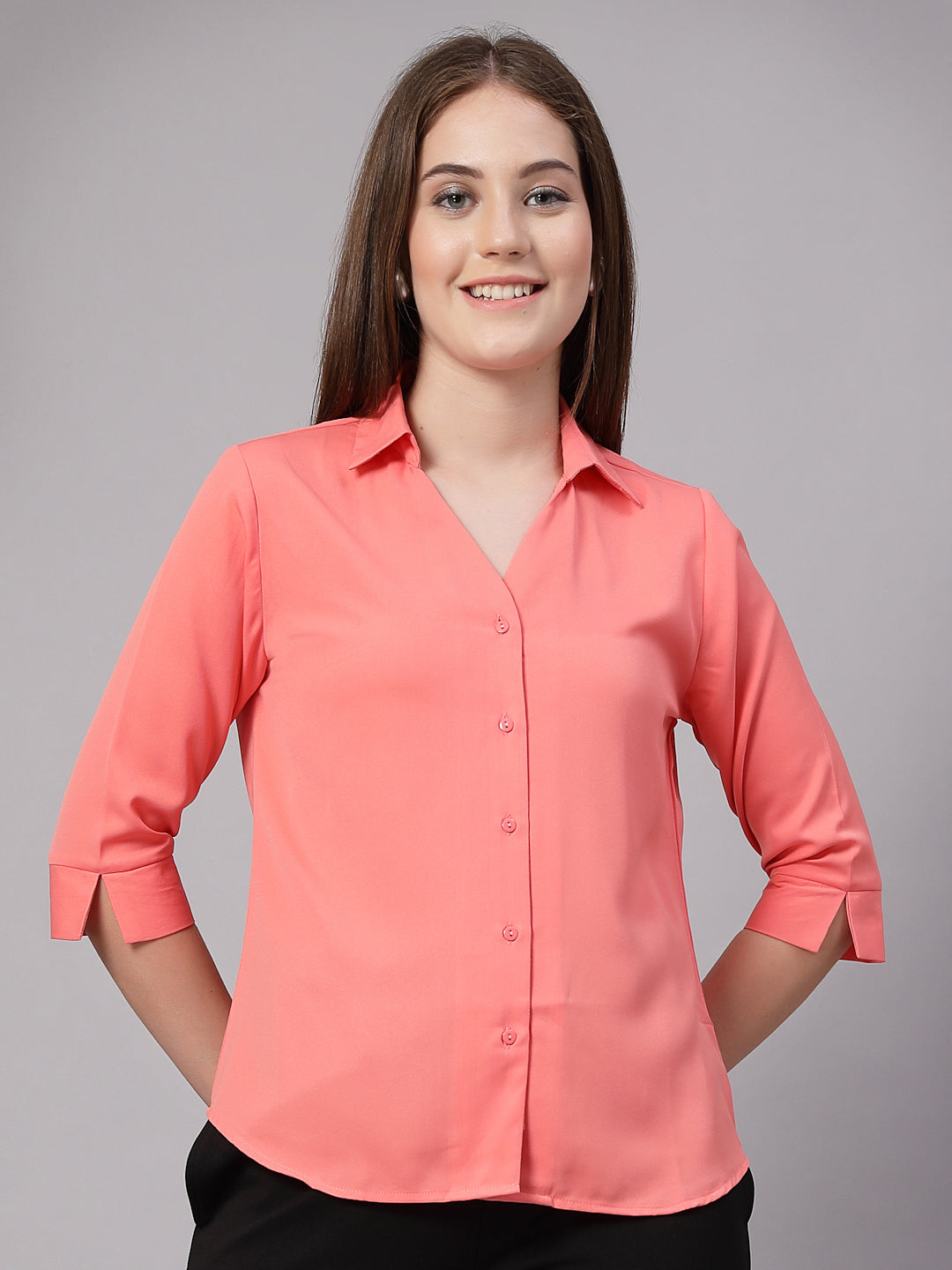 StyleQuotient Women Solid Peach Polymoss Formal Shirt