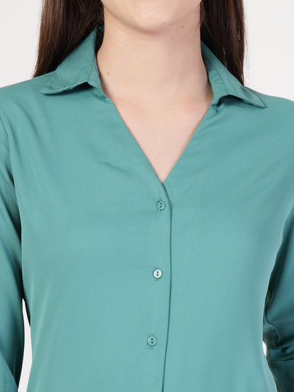 StyleQuotient Women Solid Teal Polymoss Formal Shirt