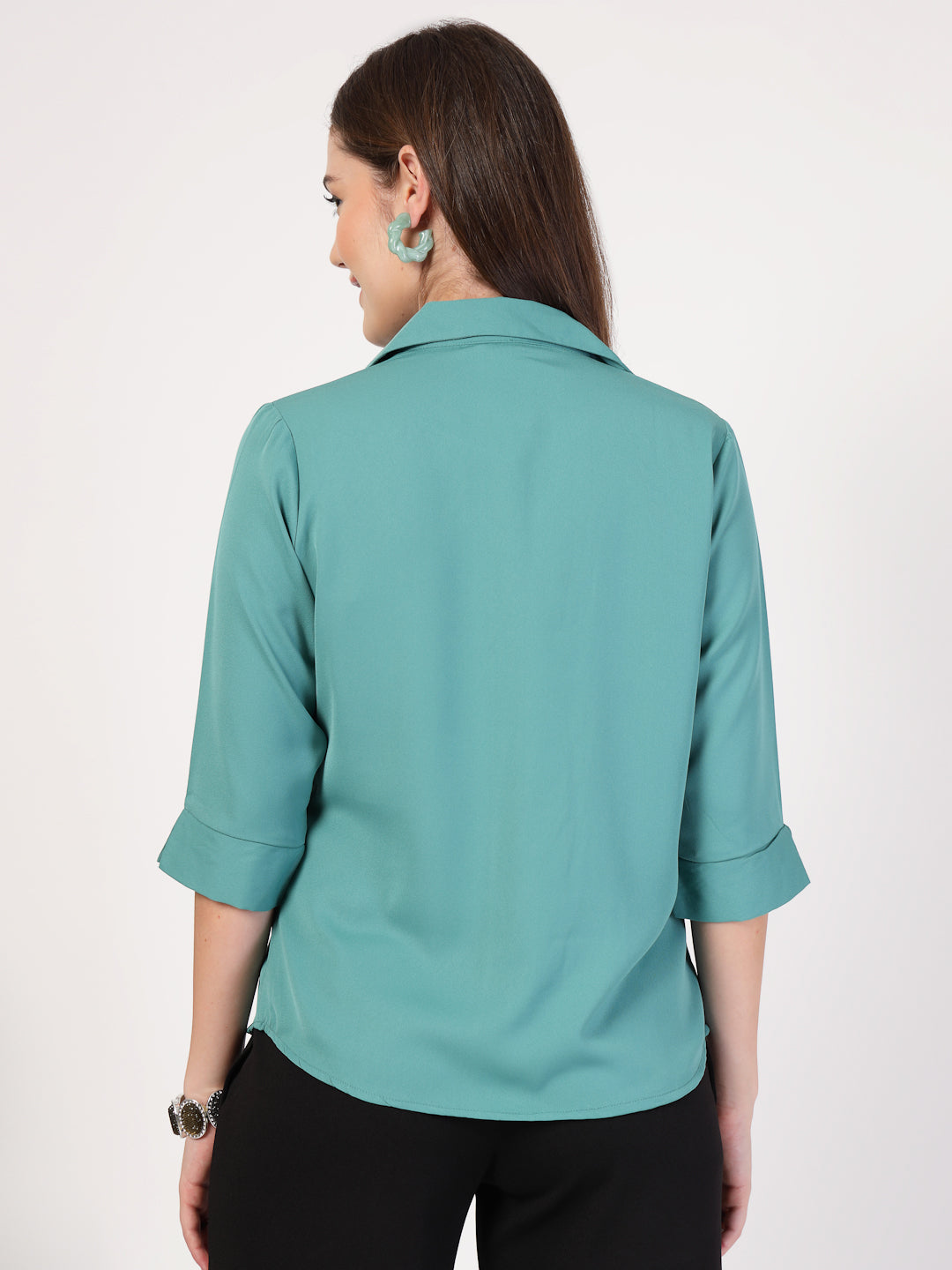 StyleQuotient Women Solid Teal Polymoss Formal Shirt