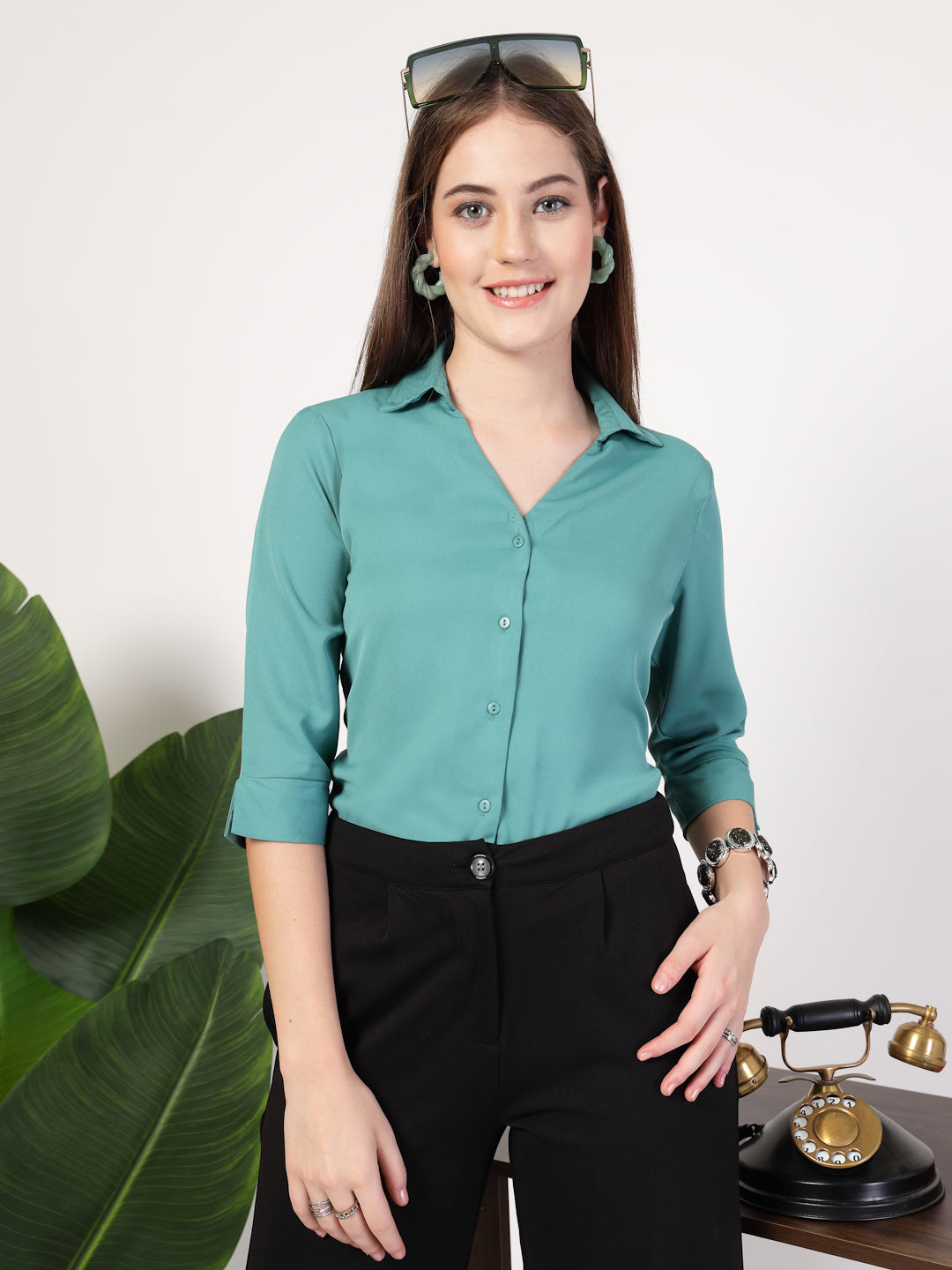 StyleQuotient Women Solid Teal Polymoss Formal Shirt