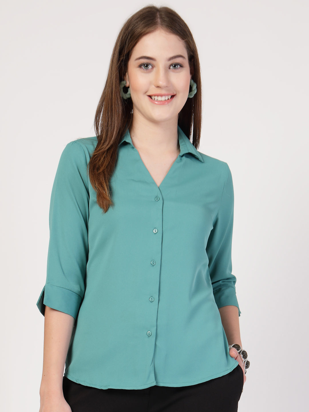 StyleQuotient Women Solid Teal Polymoss Formal Shirt