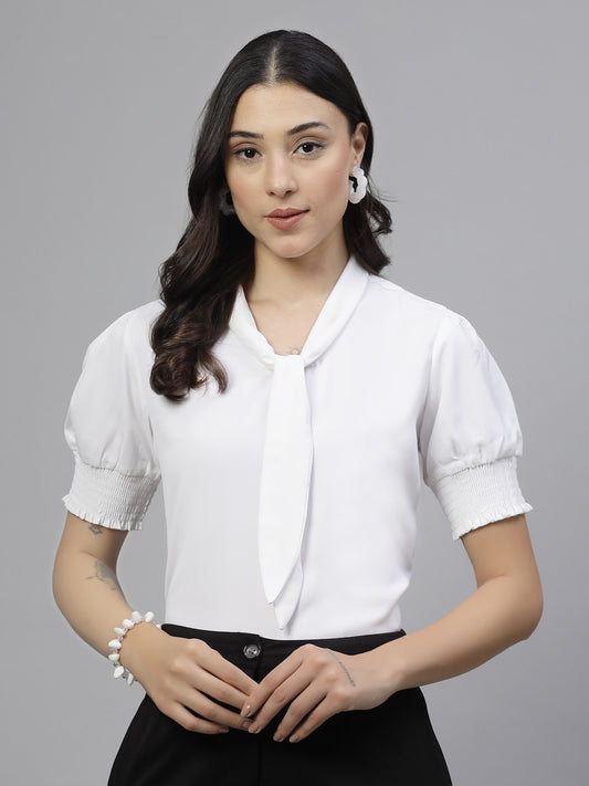 Style Quotient Women Solid White Polymoss Semi Formal Top