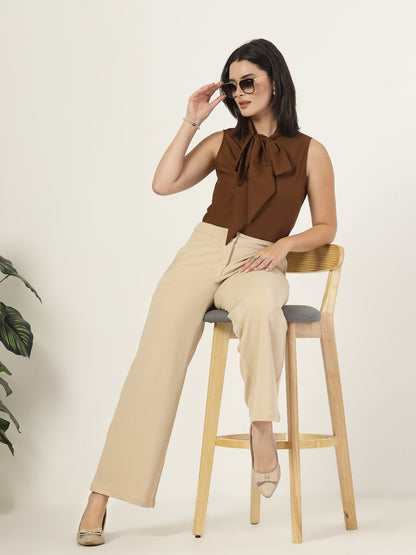 Style Quotient Women Solid Tan Polycotton Formal Top