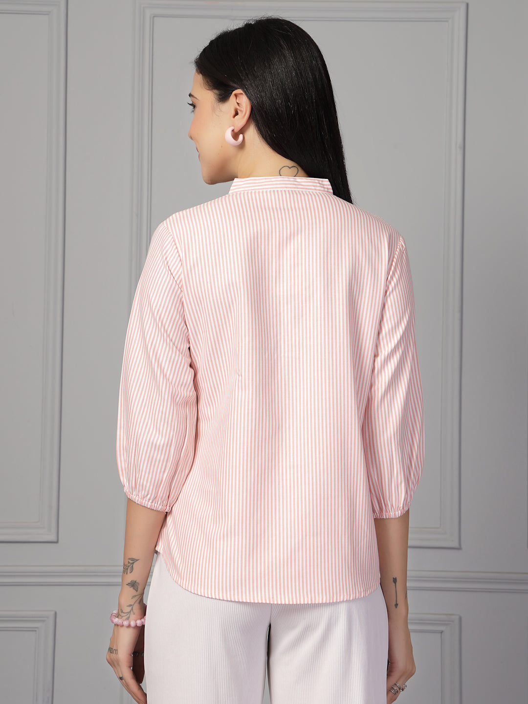 Style Quotient Women Peach and White Stripe Formal Shirt