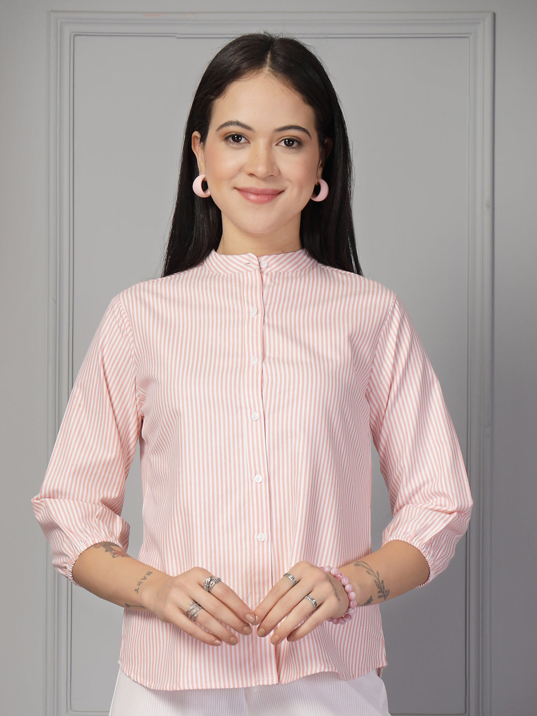 Style Quotient Women Peach and White Stripe Formal Shirt