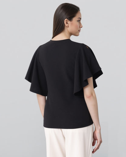 Style Quotient Women Solid Black Polyknit Semi Formal Top