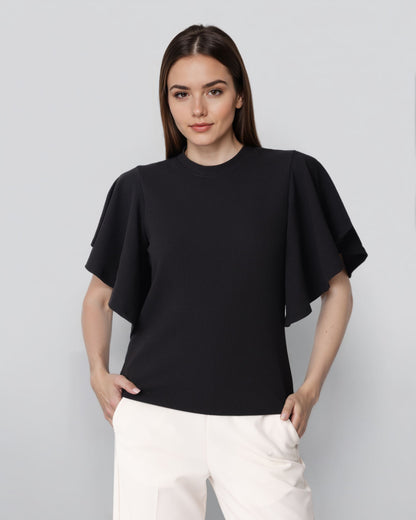 Style Quotient Women Solid Black Polyknit Semi Formal Top