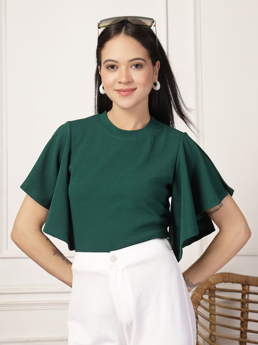 Style Quotient Women Solid Embrald Green Polyknit Semi Formal Top