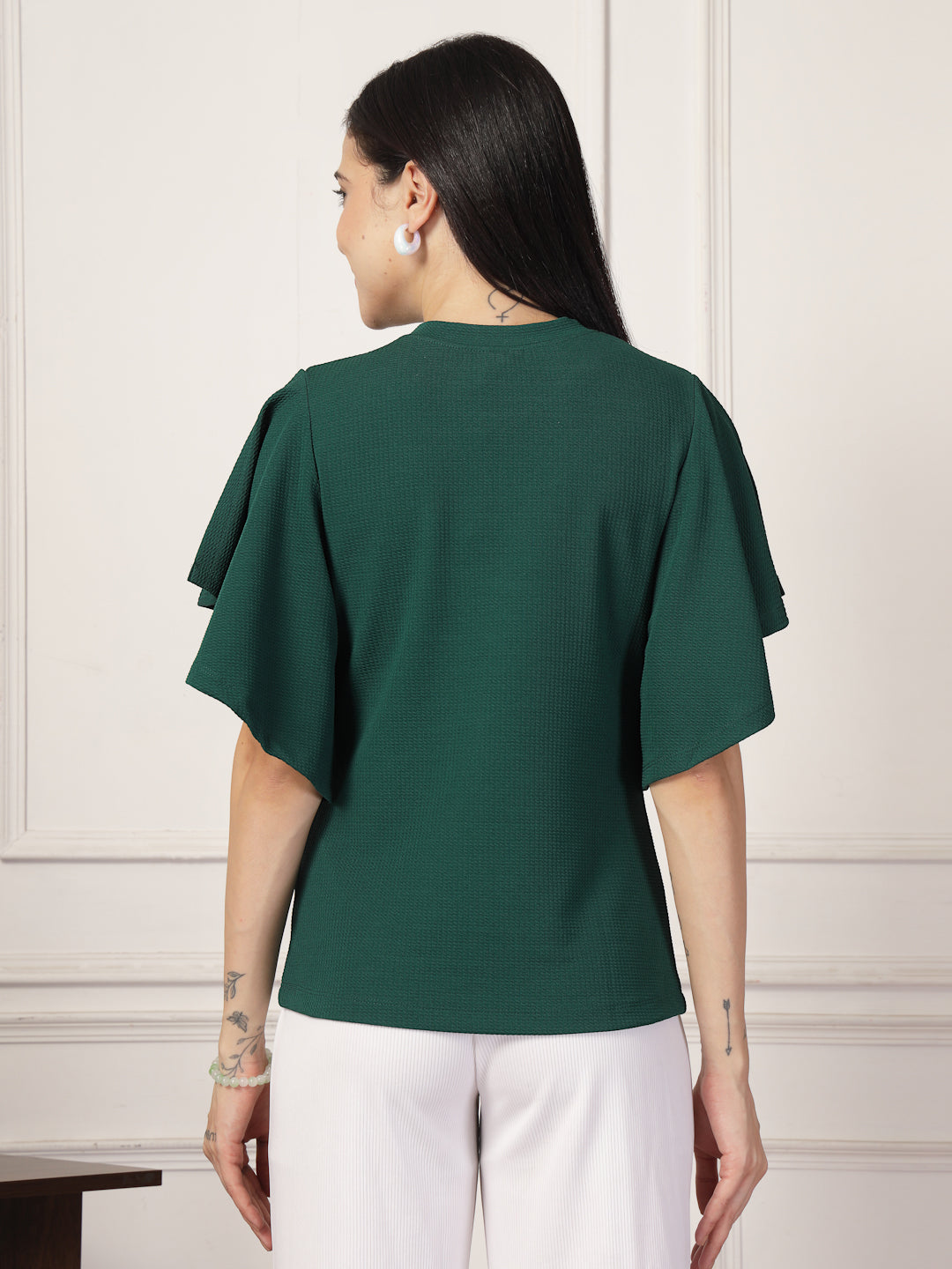 Style Quotient Women Solid Embrald Green Polyknit Semi Formal Top