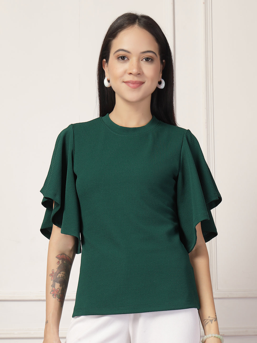 Style Quotient Women Solid Embrald Green Polyknit Semi Formal Top