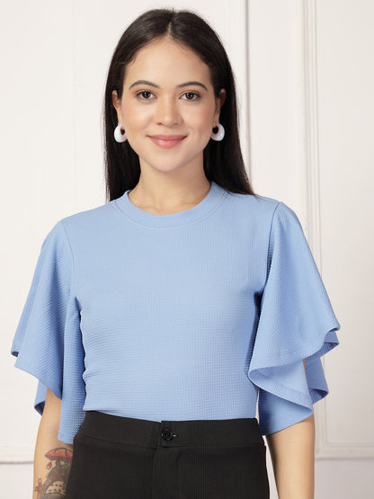 Style Quotient Women Solid Powder Blue Polyknit Semi Formal Top