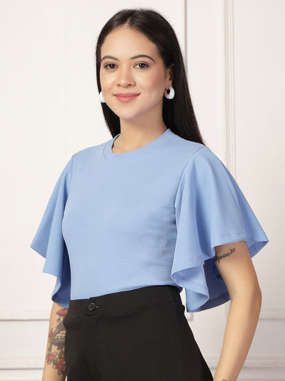 Style Quotient Women Solid Powder Blue Polyknit Semi Formal Top