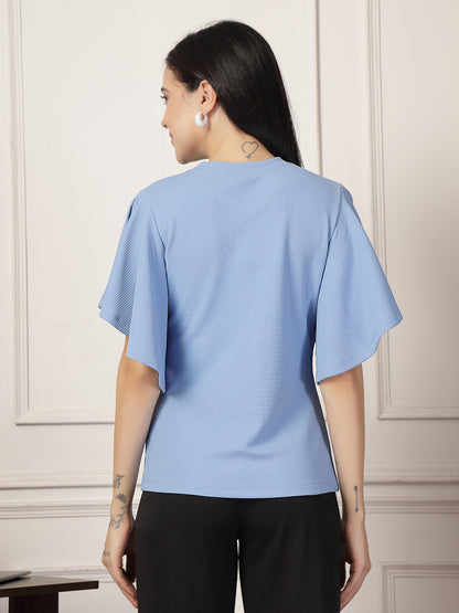 Style Quotient Women Solid Powder Blue Polyknit Semi Formal Top