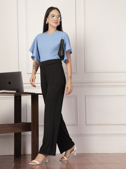 Style Quotient Women Solid Powder Blue Polyknit Semi Formal Top