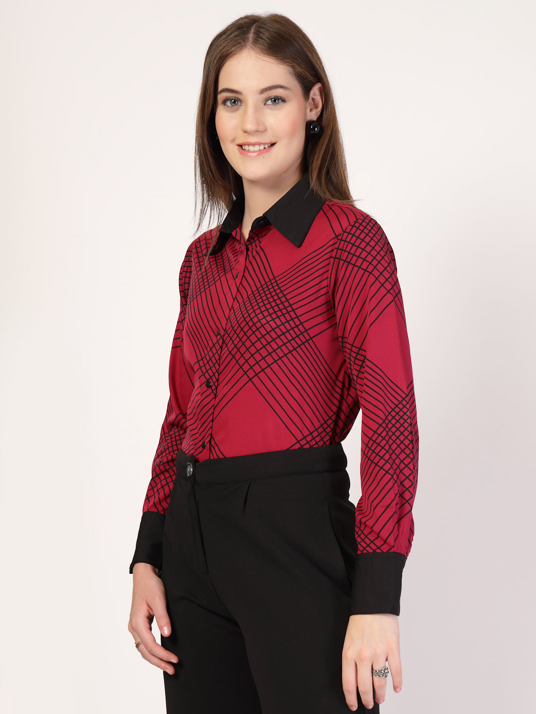Style Quotient Women Marron Black Printed Regular Fit Formal Polyester Shirt