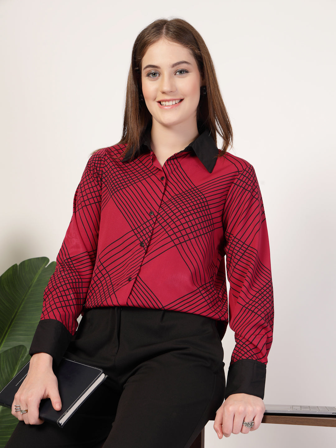 Style Quotient Women Marron Black Printed Regular Fit Formal Polyester Shirt