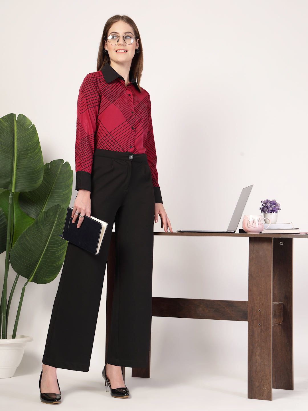 Style Quotient Women Marron Black Printed Regular Fit Formal Polyester Shirt