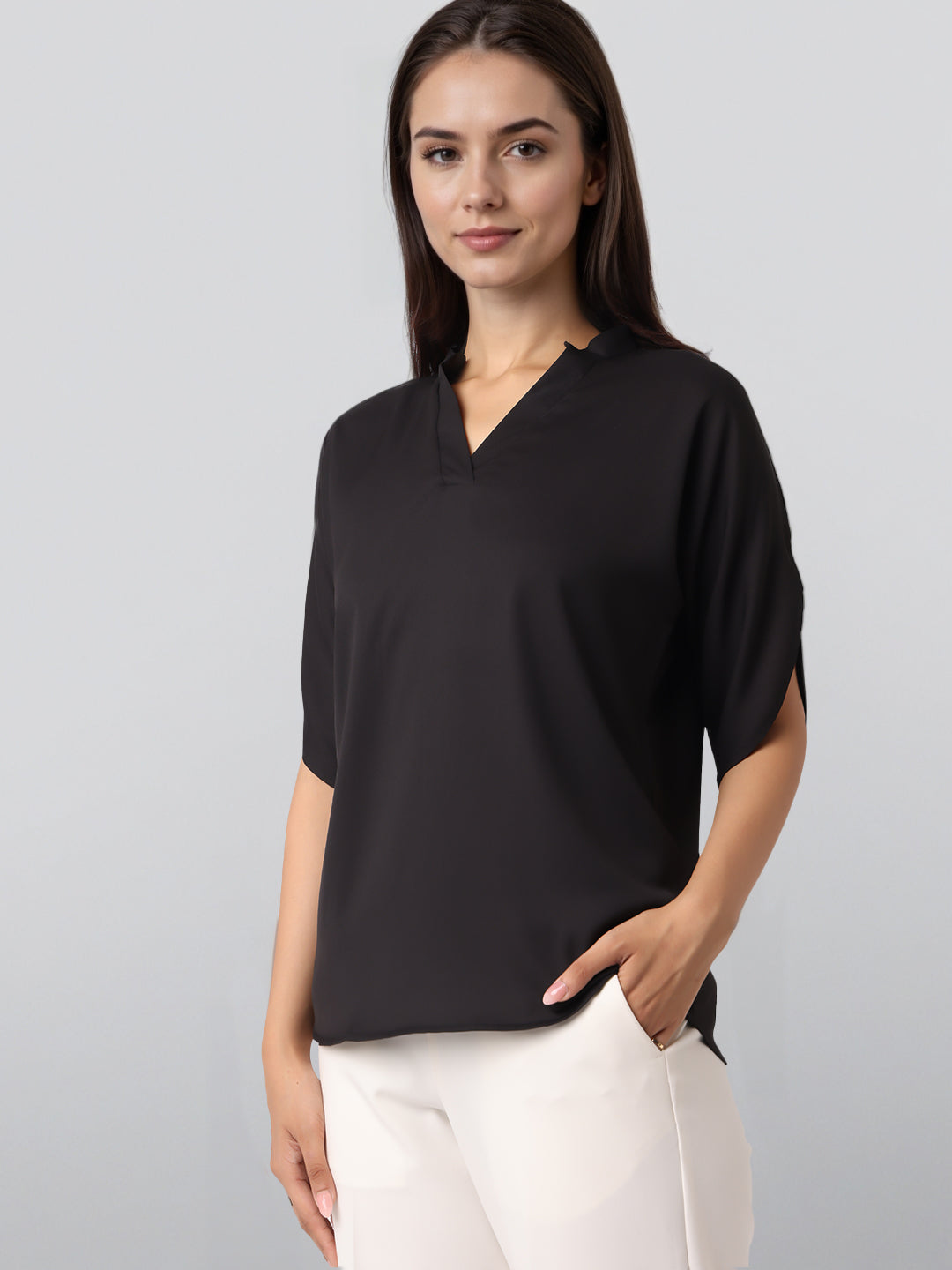 Style Quotient Women Solid Black Polymoss Formal Top