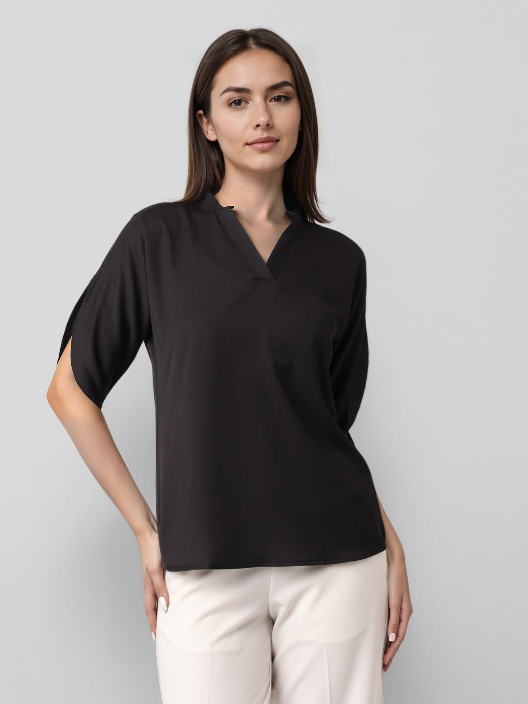 Style Quotient Women Solid Black Polymoss Formal Top