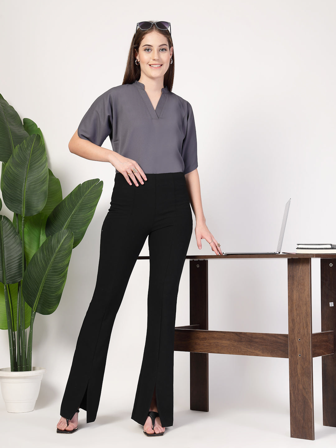 Style Quotient Women Solid Grey Polymoss Formal Top