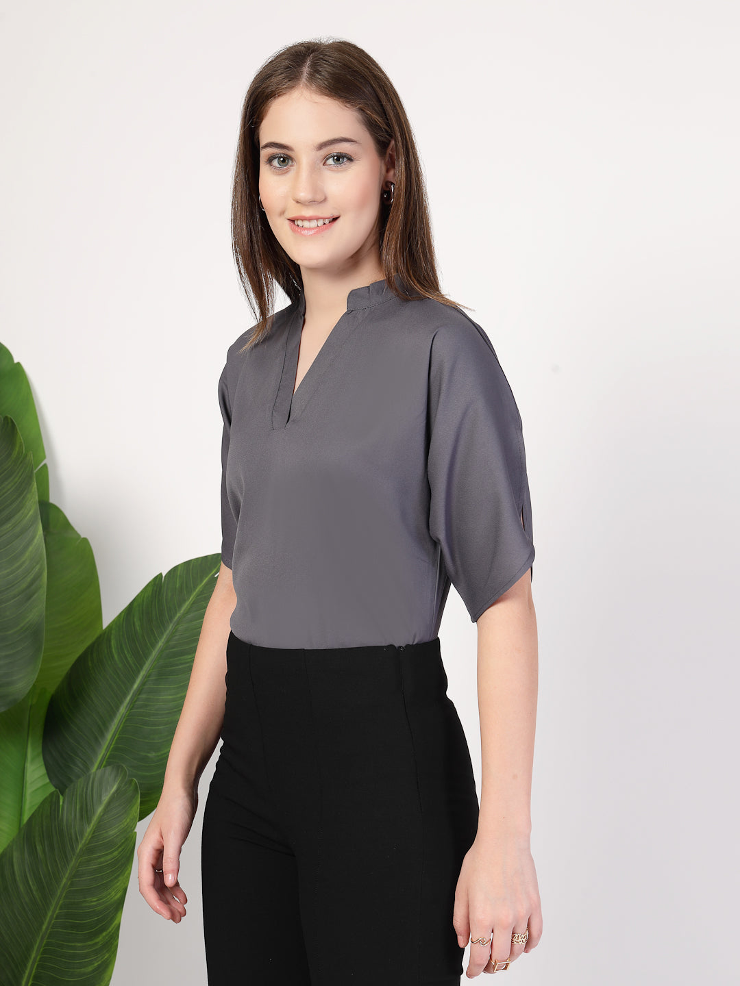 Style Quotient Women Solid Grey Polymoss Formal Top