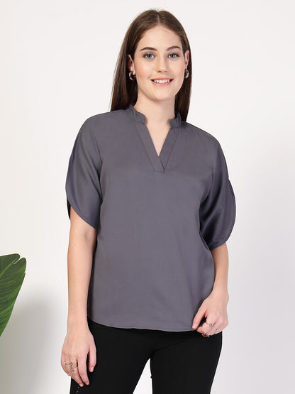Style Quotient Women Solid Grey Polymoss Formal Top