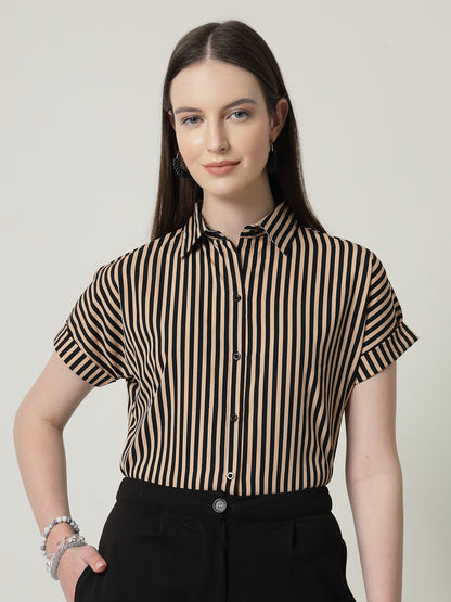 Style Quotient Women Nude Black Stripe Polycrepe Formal Shirt