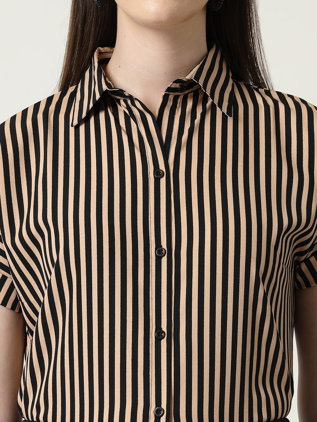 Style Quotient Women Nude Black Stripe Polycrepe Formal Shirt