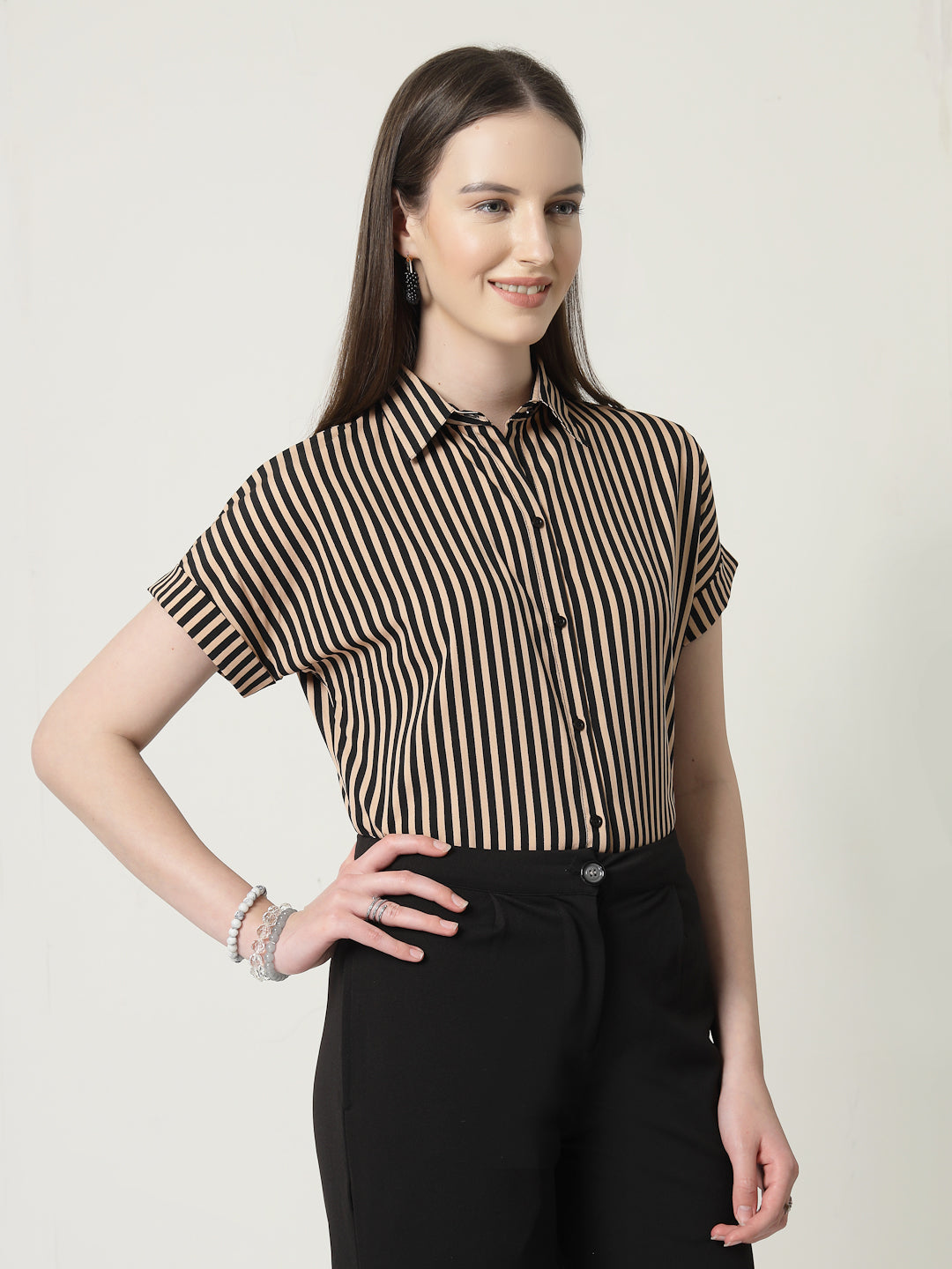 Style Quotient Women Nude Black Stripe Polycrepe Formal Shirt