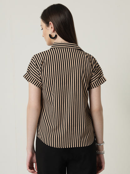 Style Quotient Women Nude Black Stripe Polycrepe Formal Shirt