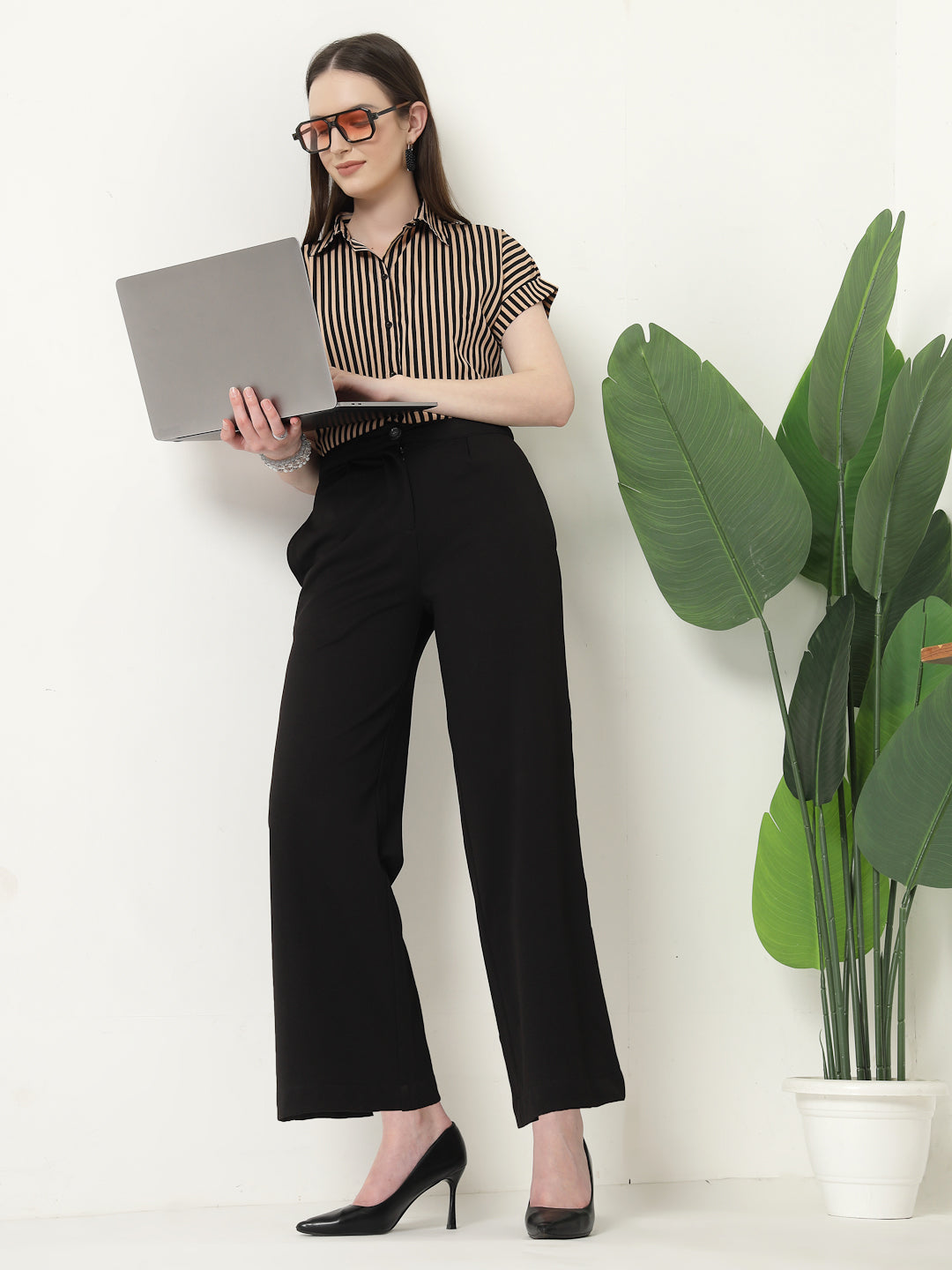 Style Quotient Women Nude Black Stripe Polycrepe Formal Shirt