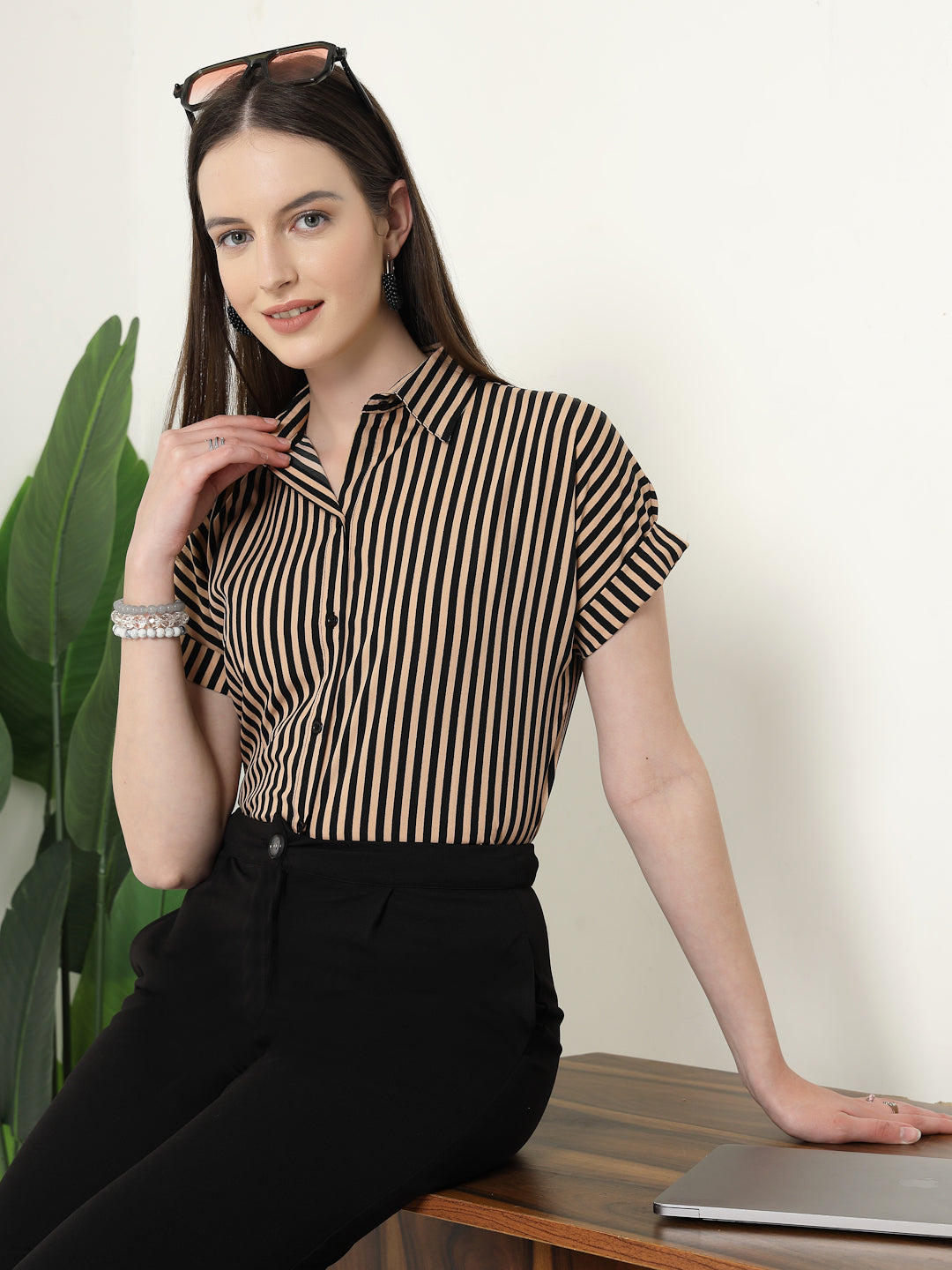 Style Quotient Women Nude Black Stripe Polycrepe Formal Shirt
