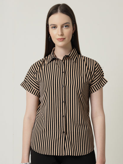 Style Quotient Women Nude Black Stripe Polycrepe Formal Shirt