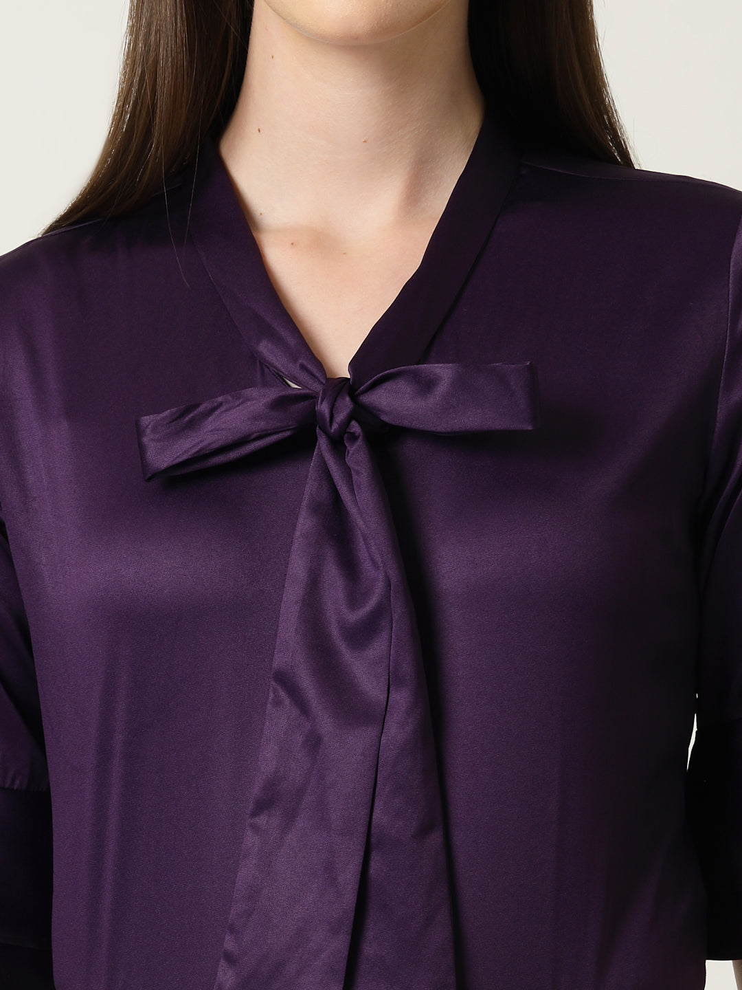 Style Quotient Women Solid Wine Satin Bell Sleeve Regular Top