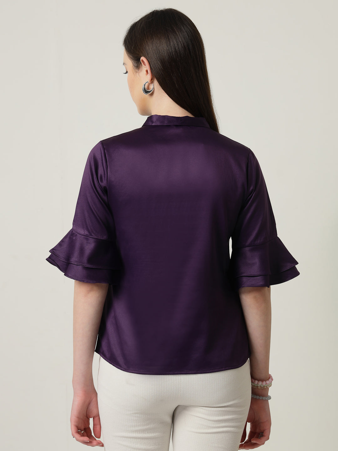 Style Quotient Women Solid Wine Satin Bell Sleeve Regular Top