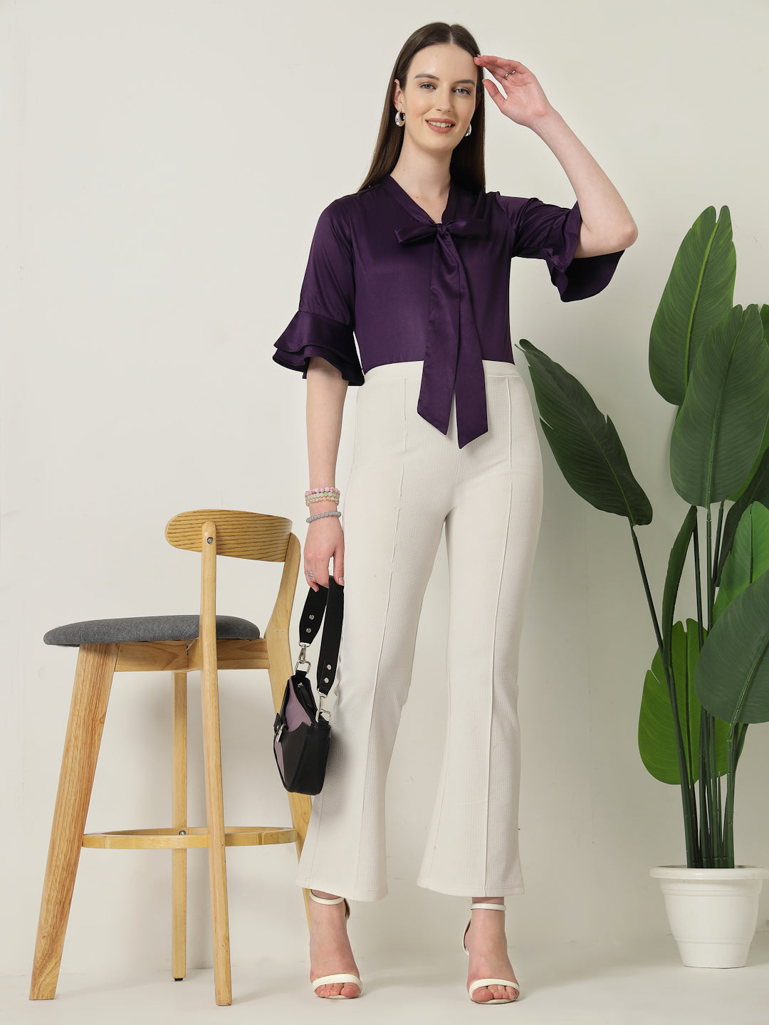 Style Quotient Women Solid Wine Satin Bell Sleeve Regular Top