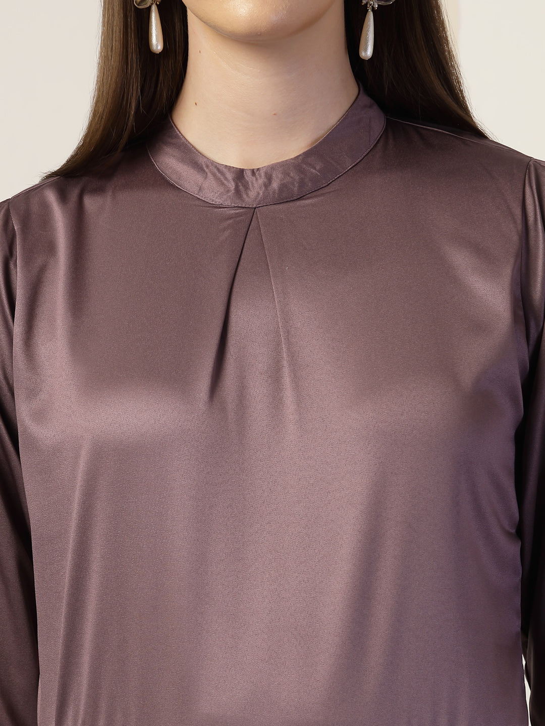 Style Quotient Women Solid Mauve Satin Regular Pleated Top