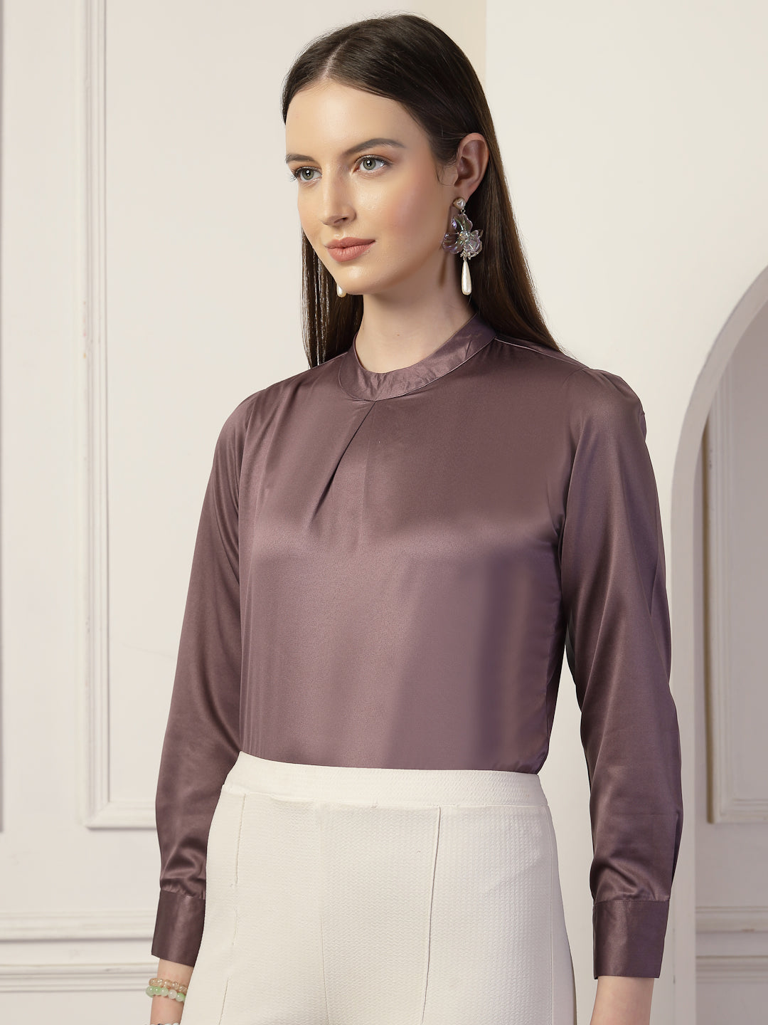 Style Quotient Women Solid Mauve Satin Regular Pleated Top