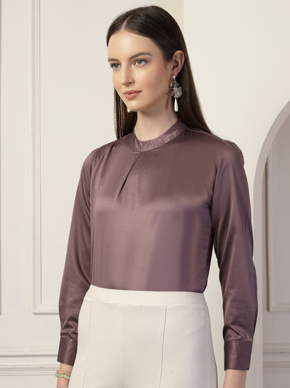 Style Quotient Women Solid Mauve Satin Regular Pleated Top